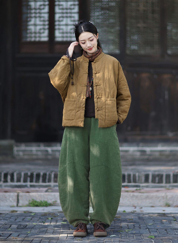 Moteriška budizmo stiliaus striukė su Kinijos nacionaliniu stiliumi, ramie-pamuko mišinys, užpildyta medvilne, žiema 2025