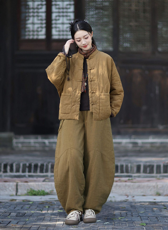 Moteriška budizmo stiliaus striukė su Kinijos nacionaliniu stiliumi, ramie-pamuko mišinys, užpildyta medvilne, žiema 2025