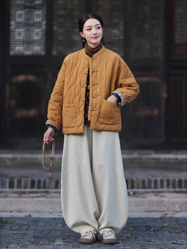 Moteriška budizmo stiliaus striukė su Kinijos nacionaliniu stiliumi, ramie-pamuko mišinys, užpildyta medvilne, žiema 2025