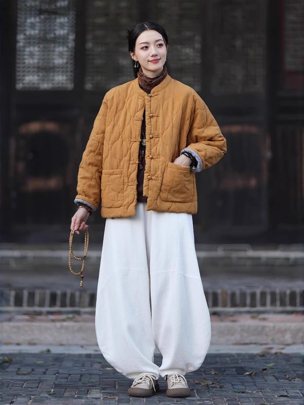 Moteriška budizmo stiliaus striukė su Kinijos nacionaliniu stiliumi, ramie-pamuko mišinys, užpildyta medvilne, žiema 2025