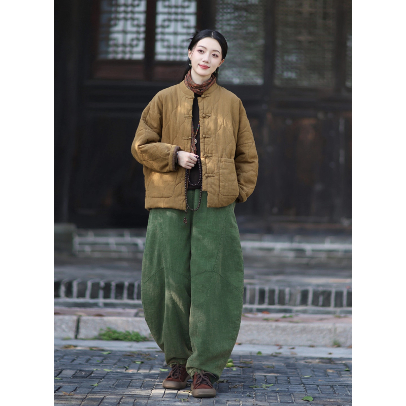 Moteriška budizmo stiliaus striukė su Kinijos nacionaliniu stiliumi, ramie-pamuko mišinys, užpildyta medvilne, žiema 2025