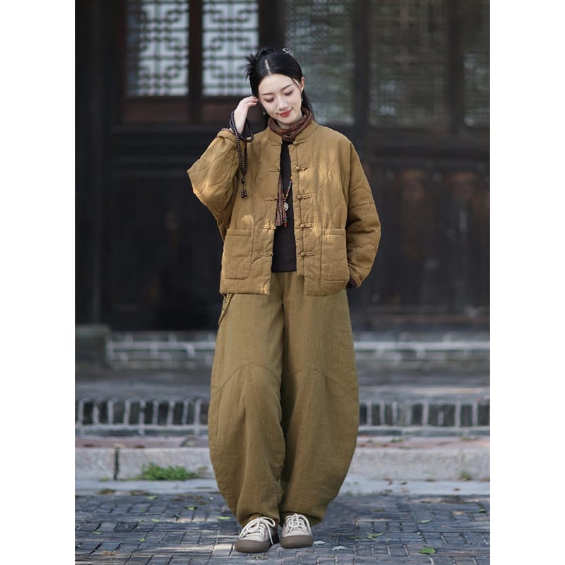 Moteriška budizmo stiliaus striukė su Kinijos nacionaliniu stiliumi, ramie-pamuko mišinys, užpildyta medvilne, žiema 2025