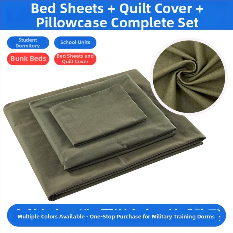 Tryjų dalių patalynės komplektas studentų bendrabutyje, poliesterio–medvilnės audinys, reaktiškai dažyta, twill audimas, vienos spalvos raštas