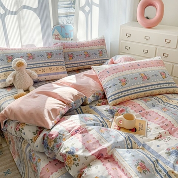 Medvilninis antklodės užvalkalas su dryžiais, animaciniais motyvais ir gėlėmis, paprastas pynimas, reaktyvus dažymas