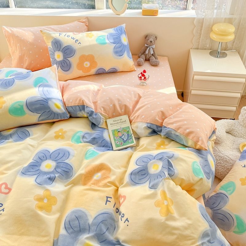 Medvilninis antklodės užvalkalas su dryžiais, animaciniais motyvais ir gėlėmis, paprastas pynimas, reaktyvus dažymas