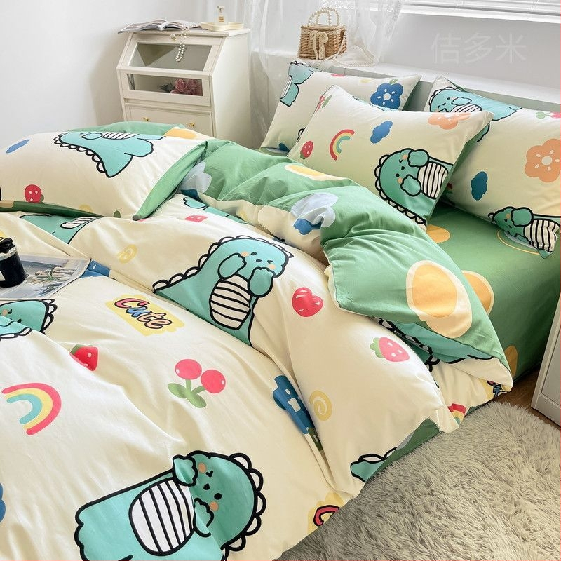 Medvilninis antklodės užvalkalas su dryžiais, animaciniais motyvais ir gėlėmis, paprastas pynimas, reaktyvus dažymas