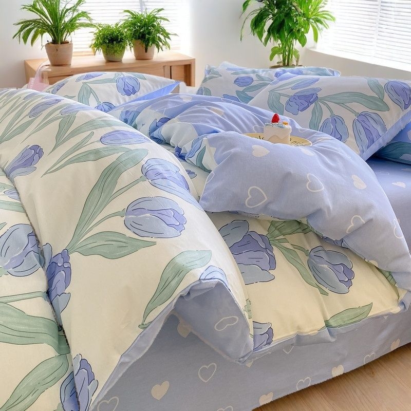 Medvilninis antklodės užvalkalas su dryžiais, animaciniais motyvais ir gėlėmis, paprastas pynimas, reaktyvus dažymas