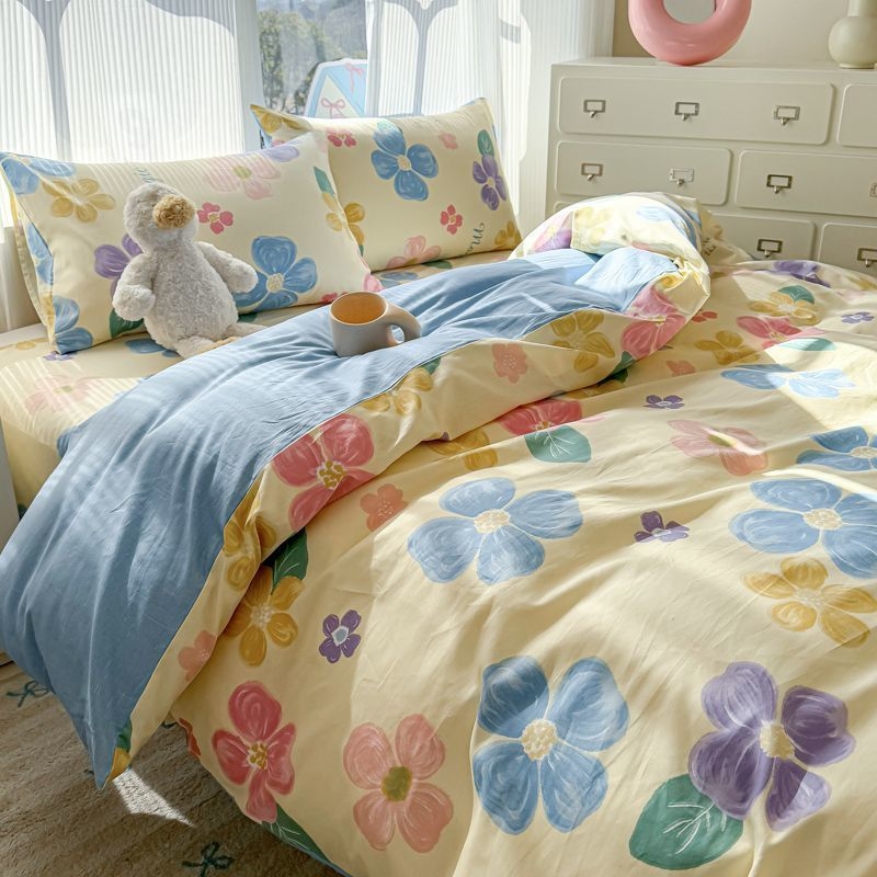 Medvilninis antklodės užvalkalas su dryžiais, animaciniais motyvais ir gėlėmis, paprastas pynimas, reaktyvus dažymas