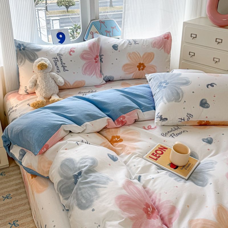 Medvilninis antklodės užvalkalas su dryžiais, animaciniais motyvais ir gėlėmis, paprastas pynimas, reaktyvus dažymas