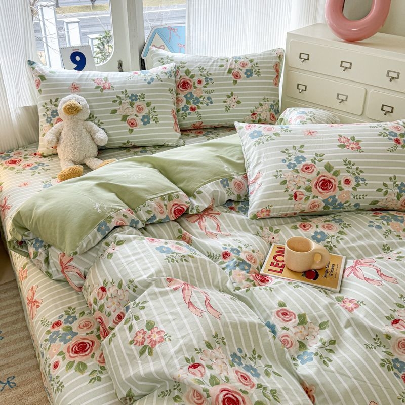 Medvilninis antklodės užvalkalas su dryžiais, animaciniais motyvais ir gėlėmis, paprastas pynimas, reaktyvus dažymas