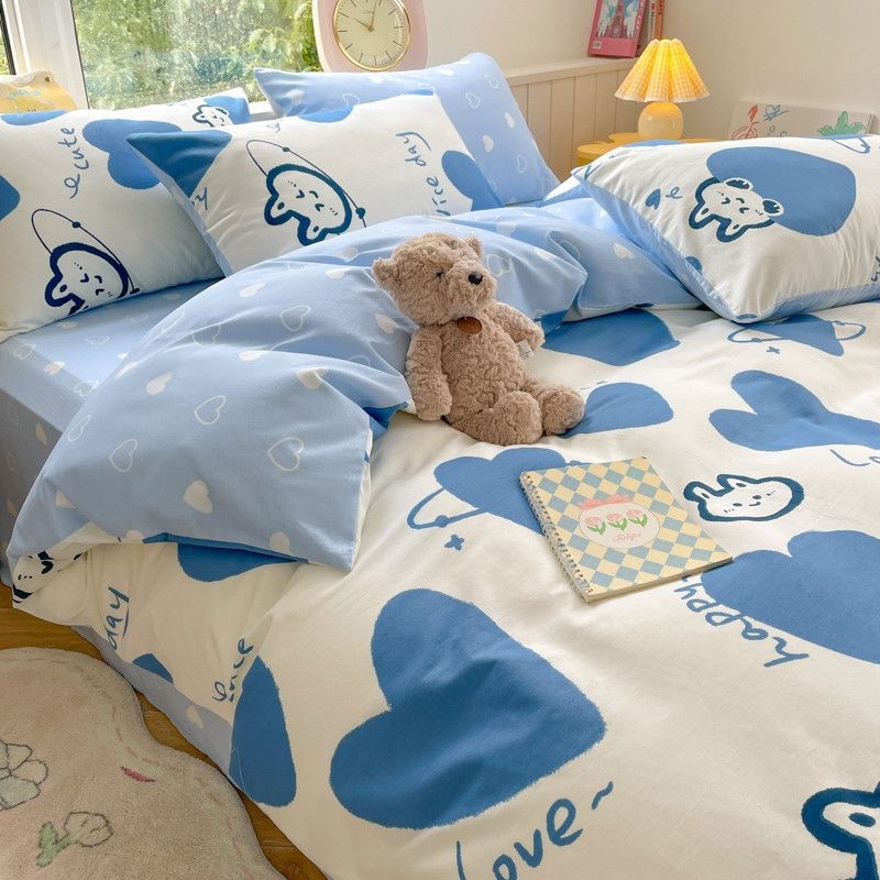 Medvilninis antklodės užvalkalas su dryžiais, animaciniais motyvais ir gėlėmis, paprastas pynimas, reaktyvus dažymas