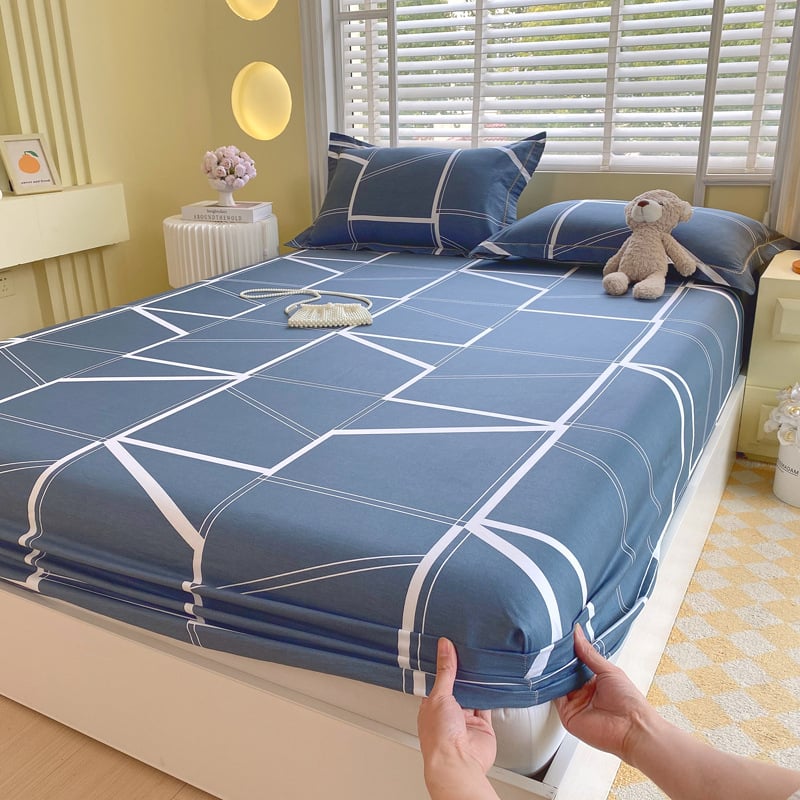 Elastinis patalynės užvalkalas iš 100% medvilnės, geometrinis raštas, reaktinis spausdinimas, GSM 1000–1500, audinio siūlų skaičius 40