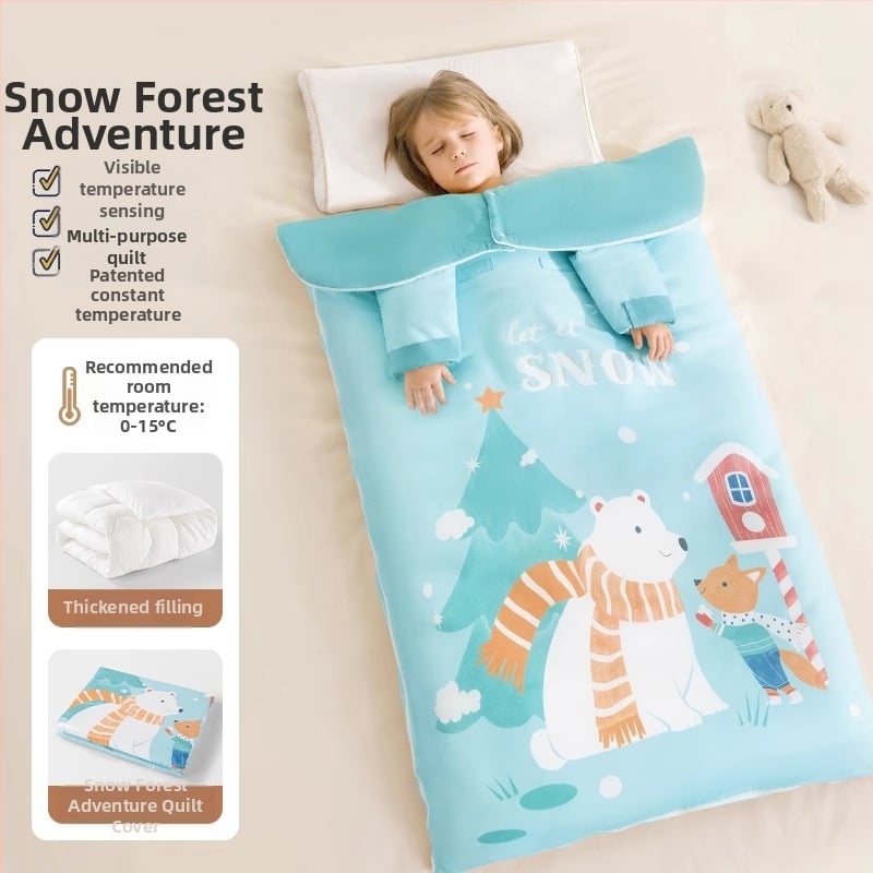 Belleptide vaikams miego maišelis apvalko stiliaus, išorė 95% medvilnė, pamušalas poliesteris, užpildas įprastas, išimami rankoviai, skalbiasi, gyvūnų raštas, tinkamas žiemai, pavasariui ir rudeniui