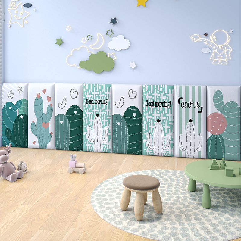 Стенно противоударно подплатено табло за детска стая – мек PU кожа, обграждано около леглото с татами, водоустойчиво, модерен стил