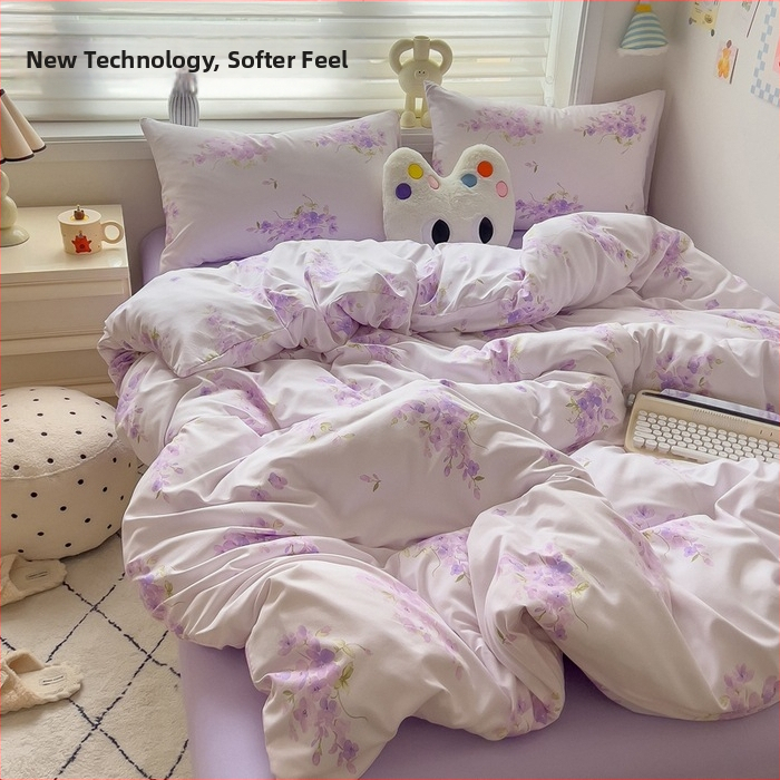 Megzti medvilniniai patalynės komplektas, keturių dalių — reakcijos spausdinimas, animacinių personažų ir augalų žiedų raštai, tinkamas visiems metų laikams