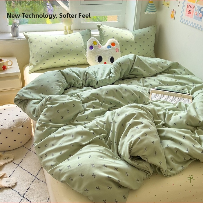 Megzti medvilniniai patalynės komplektas, keturių dalių — reakcijos spausdinimas, animacinių personažų ir augalų žiedų raštai, tinkamas visiems metų laikams