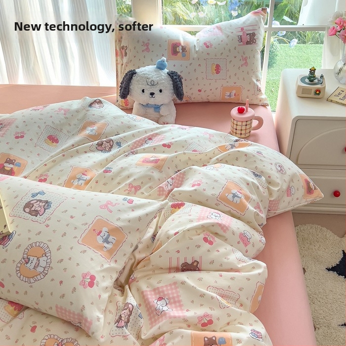 Megzti medvilniniai patalynės komplektas, keturių dalių — reakcijos spausdinimas, animacinių personažų ir augalų žiedų raštai, tinkamas visiems metų laikams