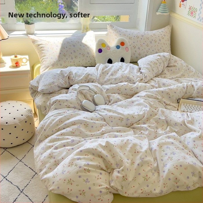 Megzti medvilniniai patalynės komplektas, keturių dalių — reakcijos spausdinimas, animacinių personažų ir augalų žiedų raštai, tinkamas visiems metų laikams