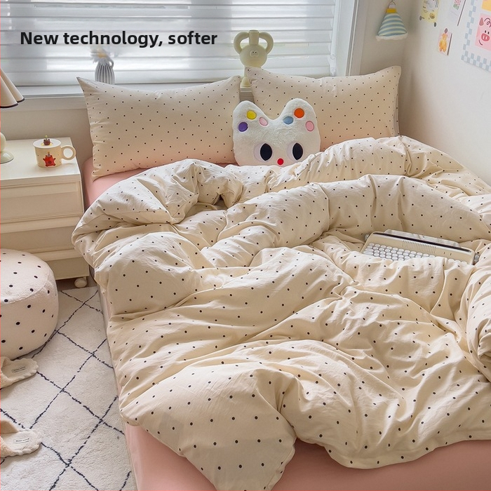 Megzti medvilniniai patalynės komplektas, keturių dalių — reakcijos spausdinimas, animacinių personažų ir augalų žiedų raštai, tinkamas visiems metų laikams