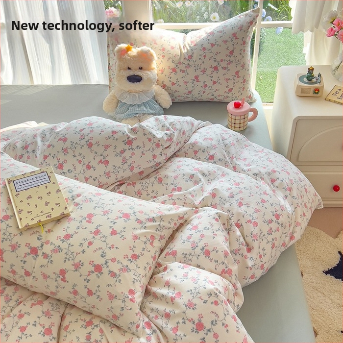 Megzti medvilniniai patalynės komplektas, keturių dalių — reakcijos spausdinimas, animacinių personažų ir augalų žiedų raštai, tinkamas visiems metų laikams