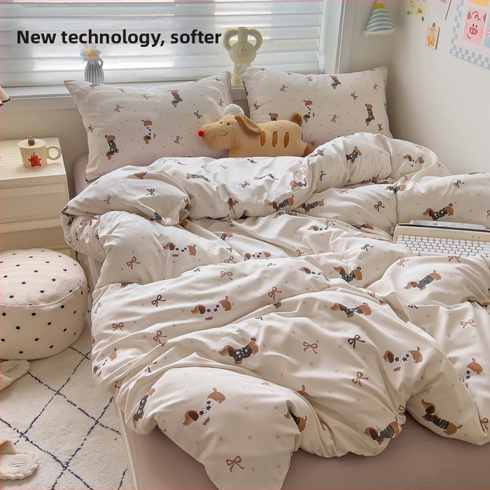 Megzti medvilniniai patalynės komplektas, keturių dalių — reakcijos spausdinimas, animacinių personažų ir augalų žiedų raštai, tinkamas visiems metų laikams