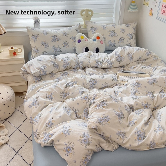 Megzti medvilniniai patalynės komplektas, keturių dalių — reakcijos spausdinimas, animacinių personažų ir augalų žiedų raštai, tinkamas visiems metų laikams