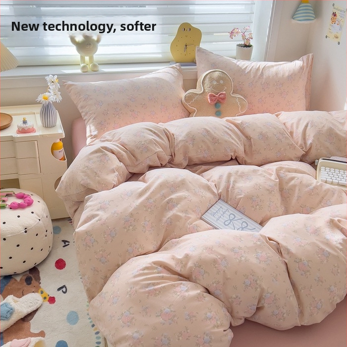 Megzti medvilniniai patalynės komplektas, keturių dalių — reakcijos spausdinimas, animacinių personažų ir augalų žiedų raštai, tinkamas visiems metų laikams