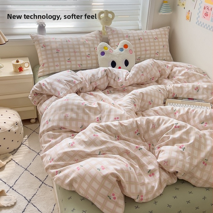 Megzti medvilniniai patalynės komplektas, keturių dalių — reakcijos spausdinimas, animacinių personažų ir augalų žiedų raštai, tinkamas visiems metų laikams