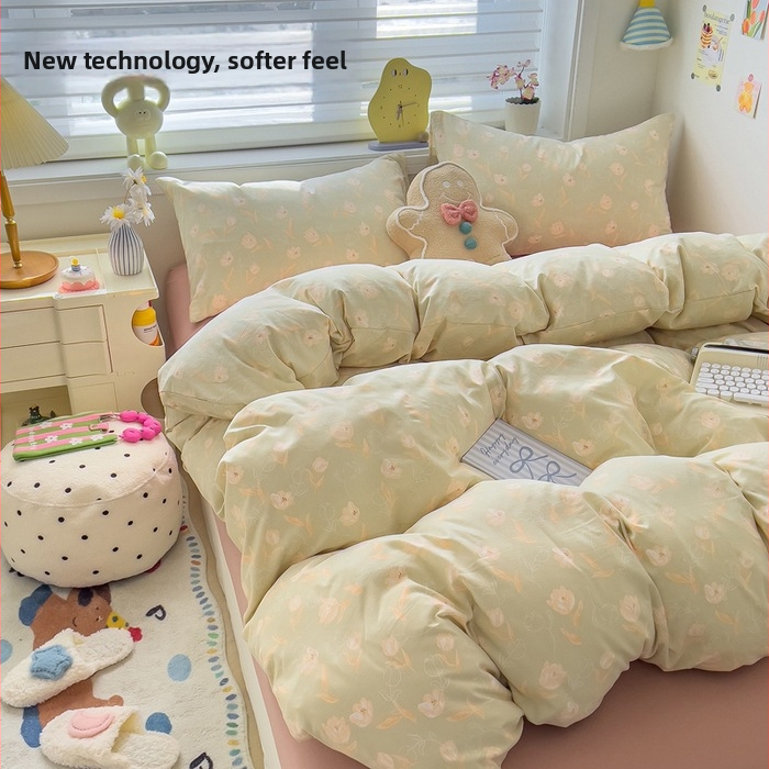 Megzti medvilniniai patalynės komplektas, keturių dalių — reakcijos spausdinimas, animacinių personažų ir augalų žiedų raštai, tinkamas visiems metų laikams