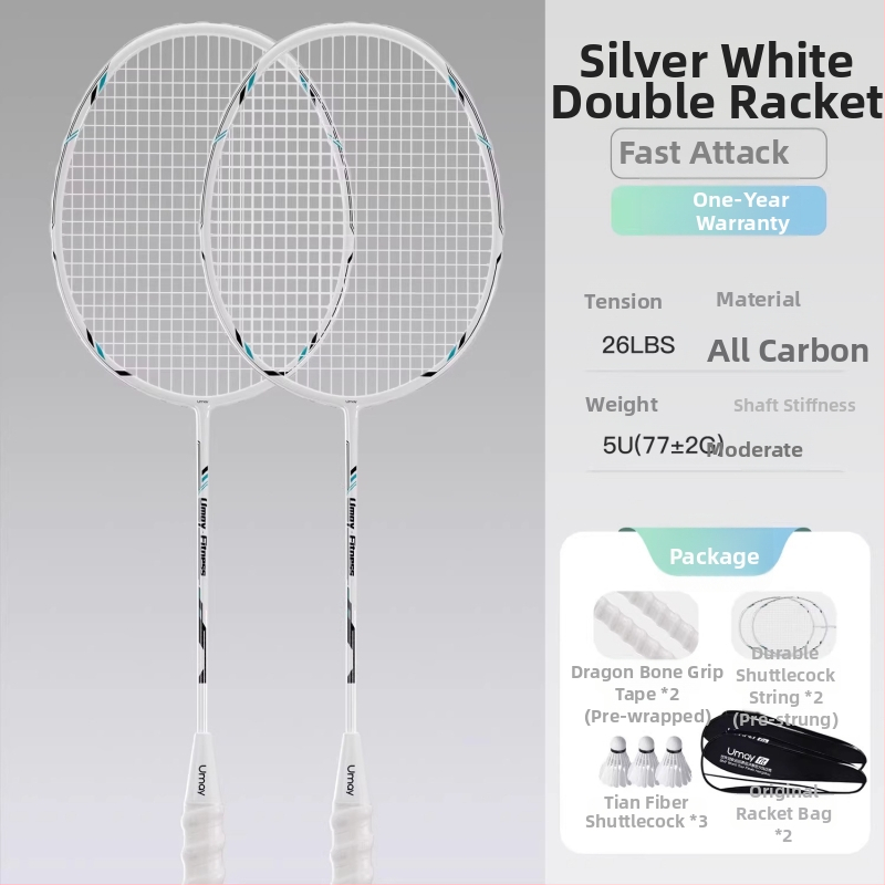 Σετ ρακέτες μπάντμιντον Yumei – πλήρης ανθρακονημάτινος σκελετός, ultra‑ελαφρύς 95–100 g, λαβή G4, άμεσο χτύπημα, κατάλληλο για μονό και διπλό