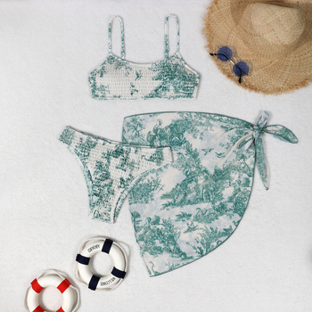 Trys dalių gėlių wrap bikini komplektas moterims, seksualus raštas, krūtinės pagalvėlė, poliesterio-aramido audinys, 85% aramidas, 280 g