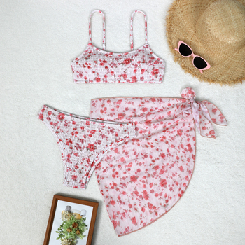 Trys dalių gėlių wrap bikini komplektas moterims, seksualus raštas, krūtinės pagalvėlė, poliesterio-aramido audinys, 85% aramidas, 280 g