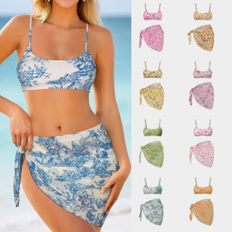 Trys dalių gėlių wrap bikini komplektas moterims, seksualus raštas, krūtinės pagalvėlė, poliesterio-aramido audinys, 85% aramidas, 280 g