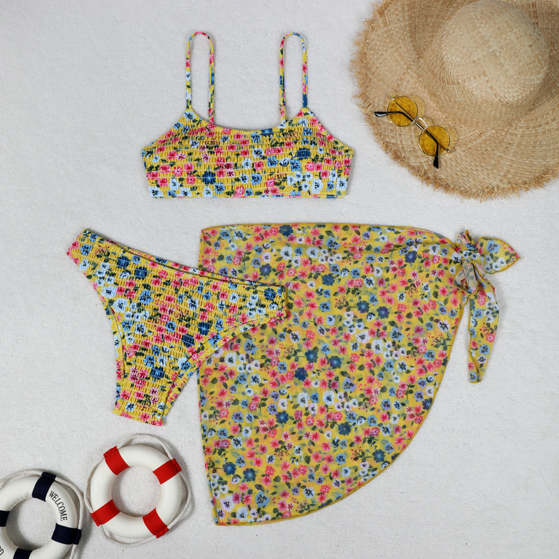 Trys dalių gėlių wrap bikini komplektas moterims, seksualus raštas, krūtinės pagalvėlė, poliesterio-aramido audinys, 85% aramidas, 280 g