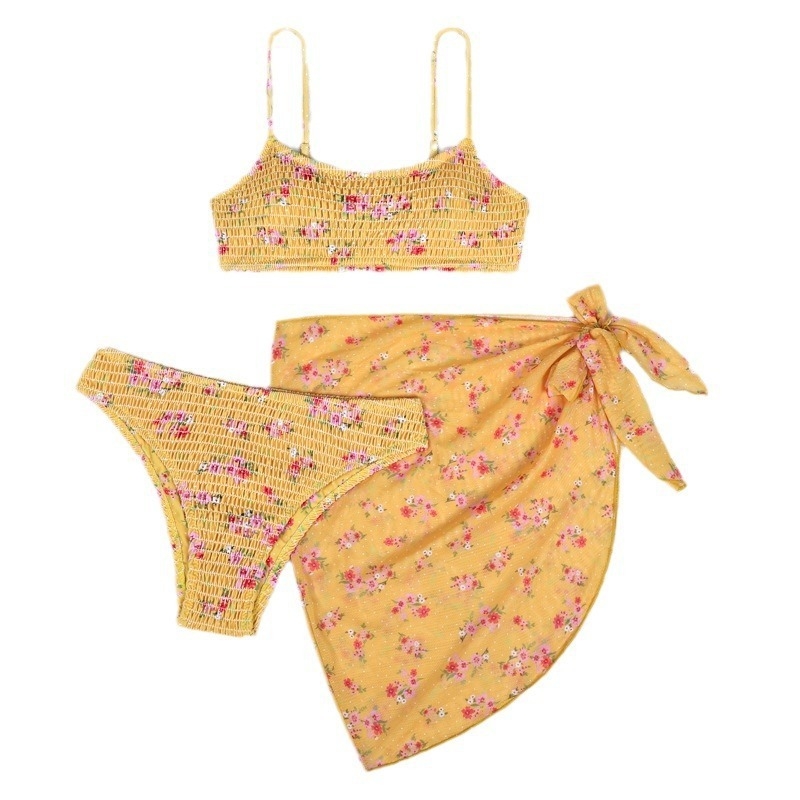 Trys dalių gėlių wrap bikini komplektas moterims, seksualus raštas, krūtinės pagalvėlė, poliesterio-aramido audinys, 85% aramidas, 280 g