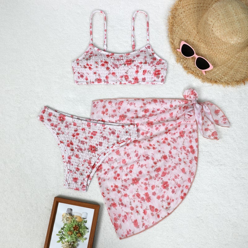 Trys dalių gėlių wrap bikini komplektas moterims, seksualus raštas, krūtinės pagalvėlė, poliesterio-aramido audinys, 85% aramidas, 280 g