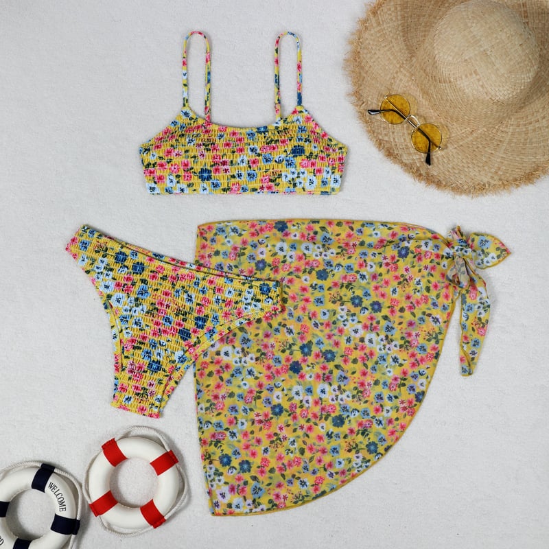Trys dalių gėlių wrap bikini komplektas moterims, seksualus raštas, krūtinės pagalvėlė, poliesterio-aramido audinys, 85% aramidas, 280 g