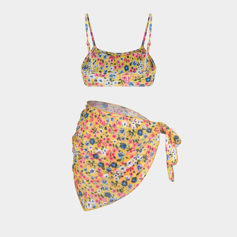 Trys dalių gėlių wrap bikini komplektas moterims, seksualus raštas, krūtinės pagalvėlė, poliesterio-aramido audinys, 85% aramidas, 280 g