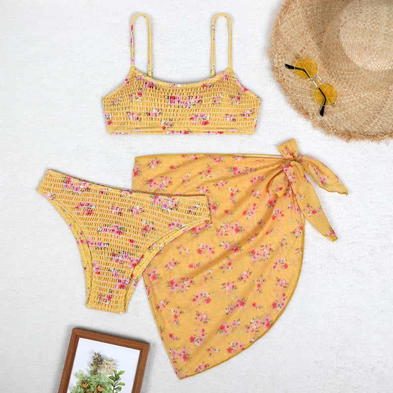 Trys dalių gėlių wrap bikini komplektas moterims, seksualus raštas, krūtinės pagalvėlė, poliesterio-aramido audinys, 85% aramidas, 280 g