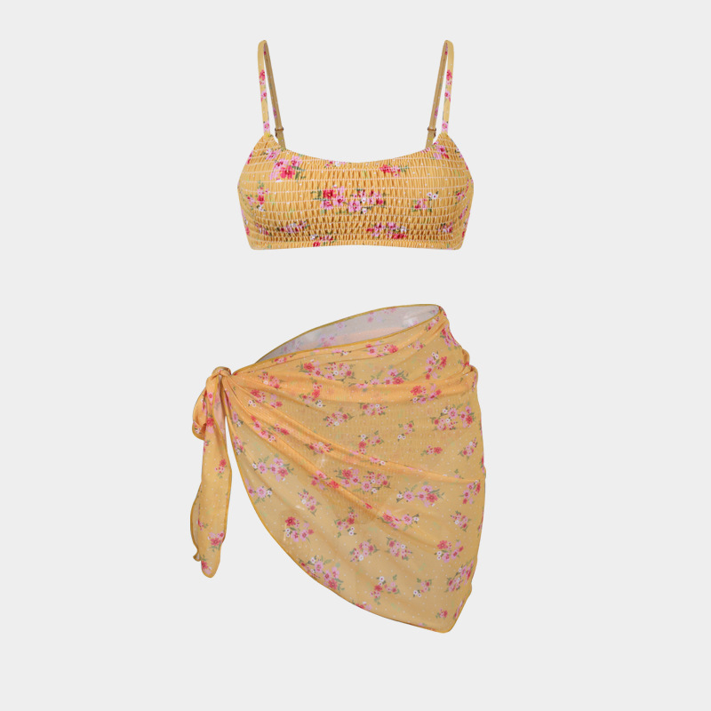 Trys dalių gėlių wrap bikini komplektas moterims, seksualus raštas, krūtinės pagalvėlė, poliesterio-aramido audinys, 85% aramidas, 280 g