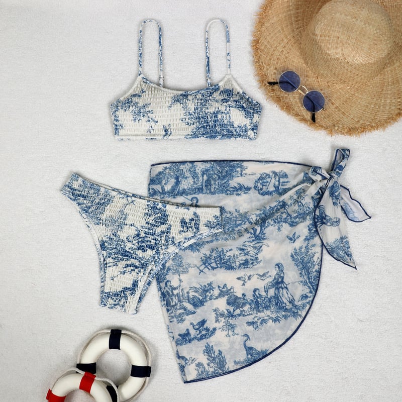 Trys dalių gėlių wrap bikini komplektas moterims, seksualus raštas, krūtinės pagalvėlė, poliesterio-aramido audinys, 85% aramidas, 280 g