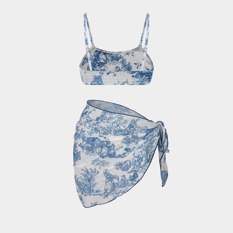 Trys dalių gėlių wrap bikini komplektas moterims, seksualus raštas, krūtinės pagalvėlė, poliesterio-aramido audinys, 85% aramidas, 280 g