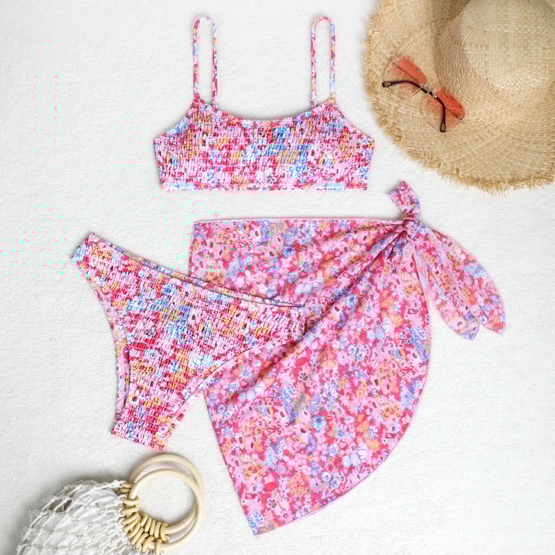 Trys dalių gėlių wrap bikini komplektas moterims, seksualus raštas, krūtinės pagalvėlė, poliesterio-aramido audinys, 85% aramidas, 280 g