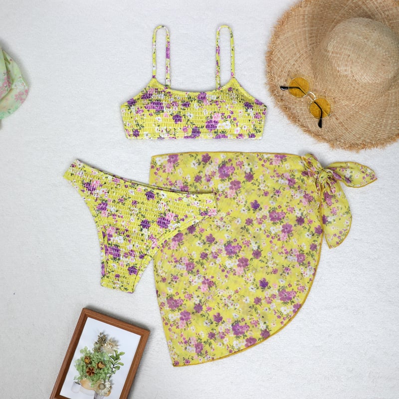 Trys dalių gėlių wrap bikini komplektas moterims, seksualus raštas, krūtinės pagalvėlė, poliesterio-aramido audinys, 85% aramidas, 280 g