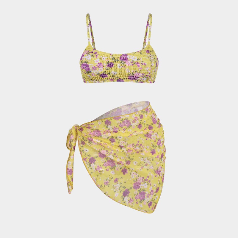 Trys dalių gėlių wrap bikini komplektas moterims, seksualus raštas, krūtinės pagalvėlė, poliesterio-aramido audinys, 85% aramidas, 280 g