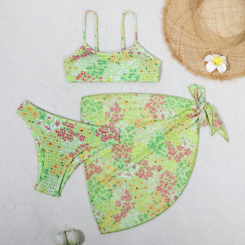 Trys dalių gėlių wrap bikini komplektas moterims, seksualus raštas, krūtinės pagalvėlė, poliesterio-aramido audinys, 85% aramidas, 280 g
