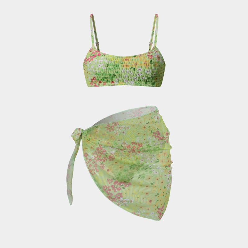 Trys dalių gėlių wrap bikini komplektas moterims, seksualus raštas, krūtinės pagalvėlė, poliesterio-aramido audinys, 85% aramidas, 280 g