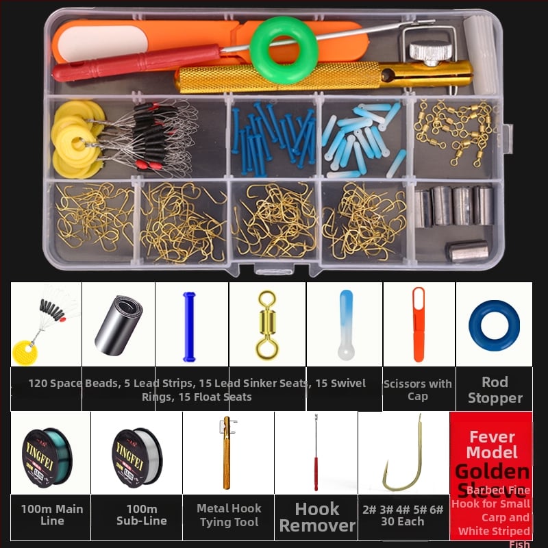 Žvejybos kabliukų rinkinys — įprastas kabliukas, įskaitant žvejybos liniją ir plūdę, žvejybos priedų komplektas