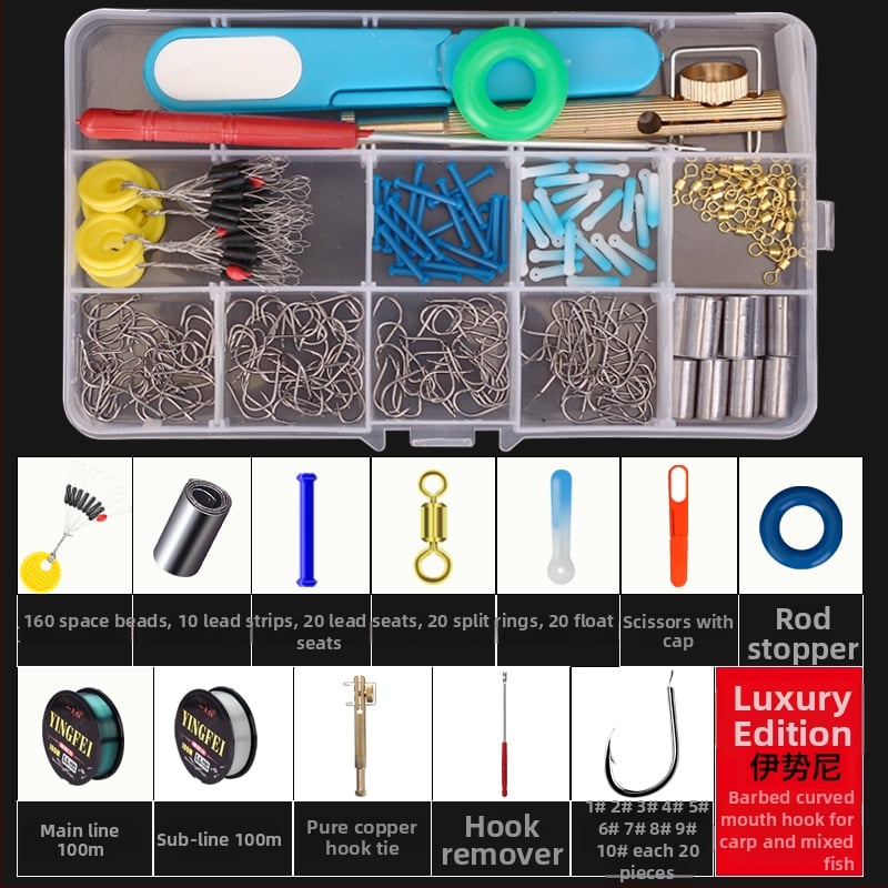 Žvejybos kabliukų rinkinys — įprastas kabliukas, įskaitant žvejybos liniją ir plūdę, žvejybos priedų komplektas