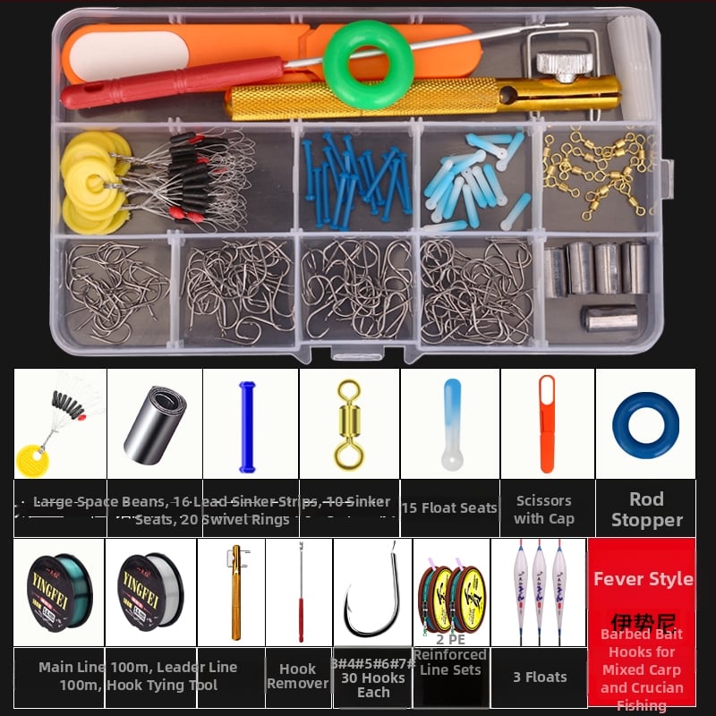 Žvejybos kabliukų rinkinys — įprastas kabliukas, įskaitant žvejybos liniją ir plūdę, žvejybos priedų komplektas